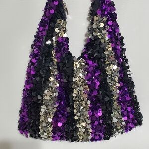 Fish Scale Sequin Hobo Bag Purple Silver Black Stripe Adjustable Strap Purse